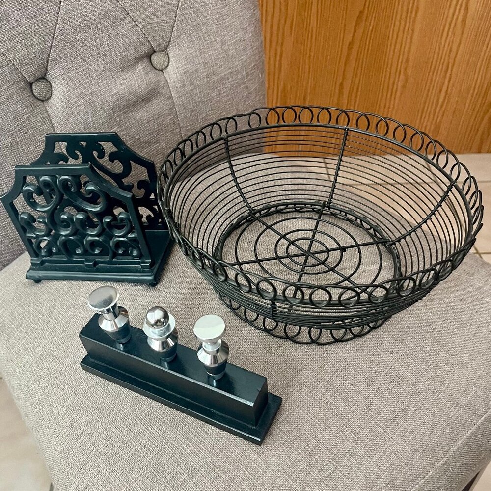 Modern Black Kitchen Accessory Set | Fruit Basket, Napkin Holder & Wine Stoppers